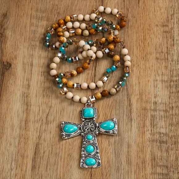Beautiful Boho Beaded Turquoise & Silver Cross Necklace! - Picture 2 of 7